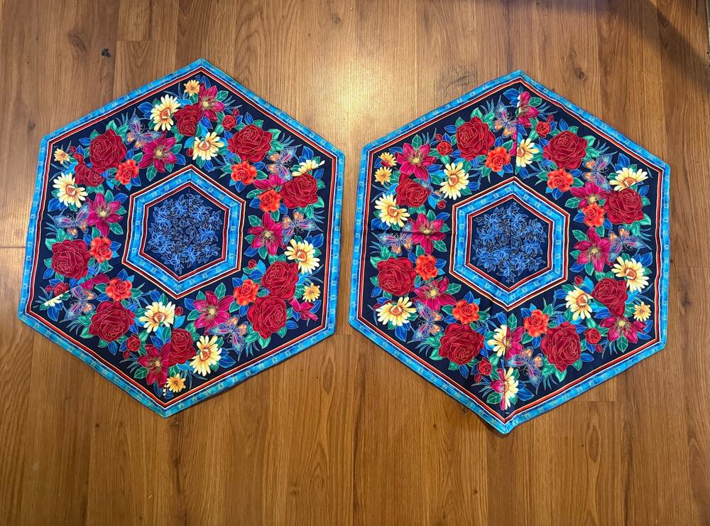 Handmade Quilted Placemats Set of 2 Hexagon Floral Table Mats Toppers 18.5"